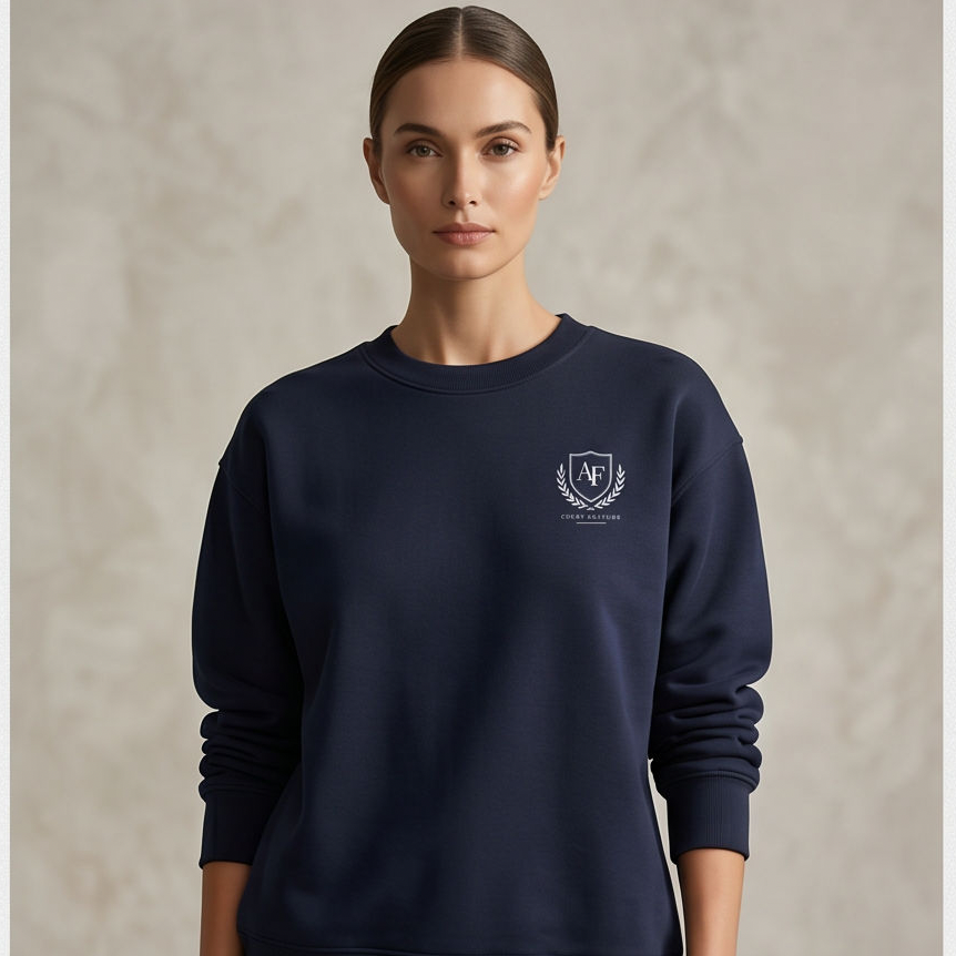 A woman modeling a navy blue crewneck sweatshirt with a small white embroidered crest on the left chest, set against a textured neutral beige background.