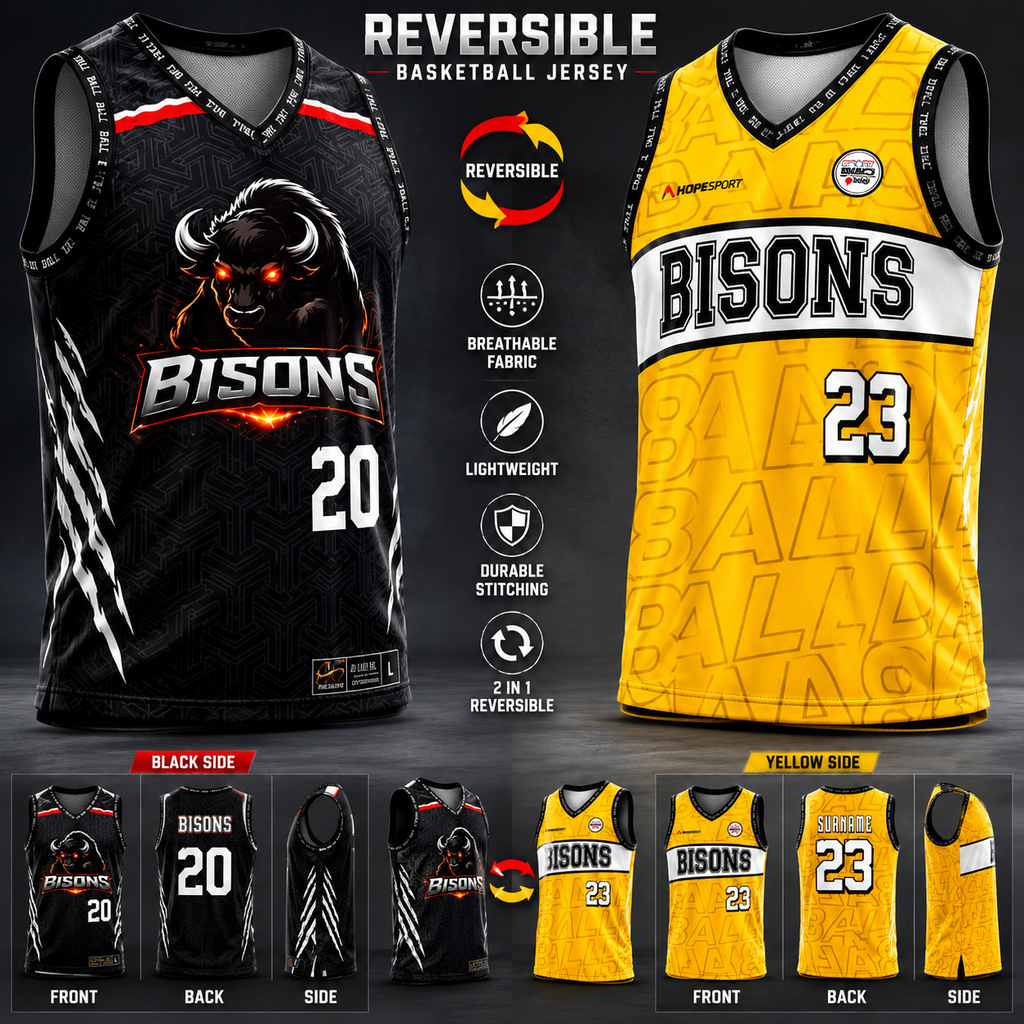 Reversible basketball jersey with black and yellow sides, featuring 'Bisons' branding.