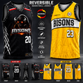 Reversible basketball jersey with black and yellow sides, featuring 'Bisons' branding.
