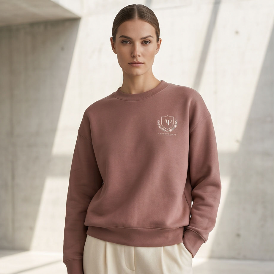 A woman wearing a dusty rose crewneck sweatshirt with a small white crest logo on the left chest, paired with cream-colored trousers, standing in a modern concrete building with soft diagonal shadows.