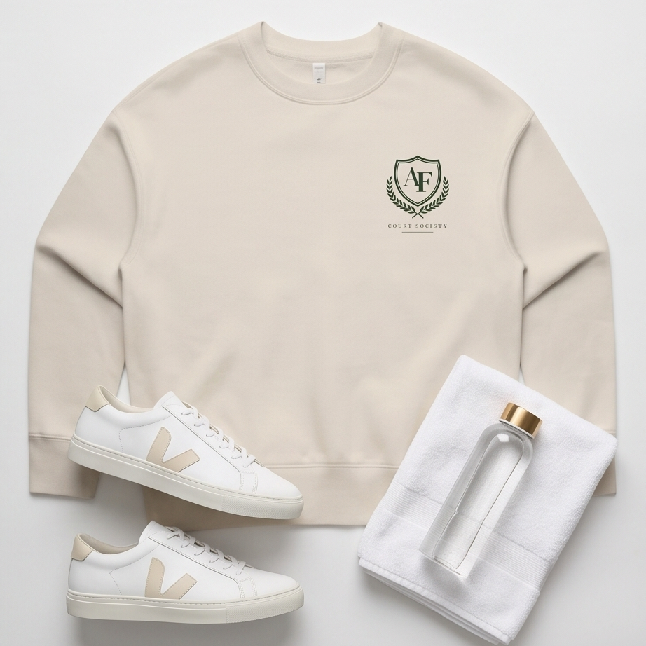 A flat-lay product photo of a beige crewneck sweatshirt by Veja, styled with white Veja sneakers, a white towel, and a clear glass bottle with a gold cap on a light gray background.