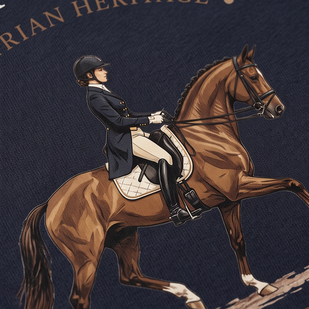 Close-up of a navy blue fabric surface featuring a detailed equestrian illustration of a rider in formal dress sitting on a brown horse, with partial tan text reading 'RIAN HERITAGE' at the top.