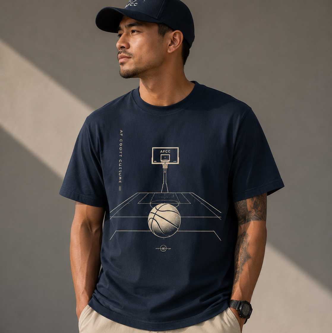 A man wearing a navy blue t-shirt with a basketball court and ball graphic, paired with khaki shorts and a navy cap, standing against a textured gray wall.