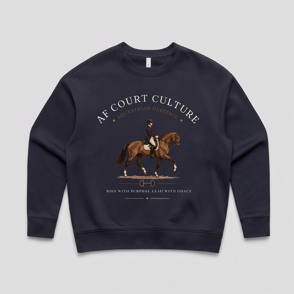 A navy blue crewneck sweatshirt featuring a graphic print of a horse and rider on the front, with the text 'AF COURT CULTURE' and 'EQUESTRIAN HERITAGE' in white and brown lettering.