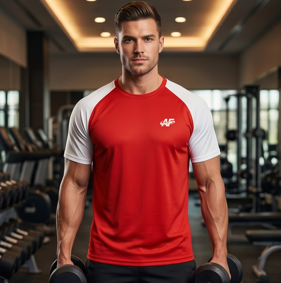 Man in a gym wearing a red and white athletic shirt with a logo, holding dumbbells.