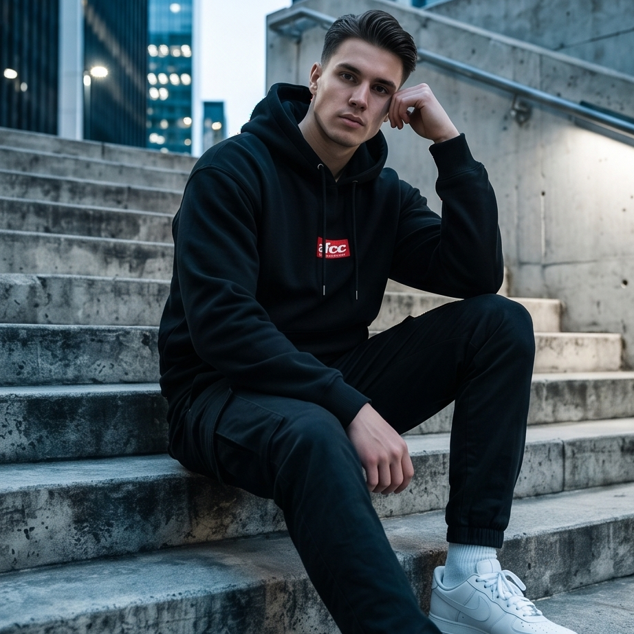 Man wearing a black hoodie with a red logo sitting on concrete steps at night.