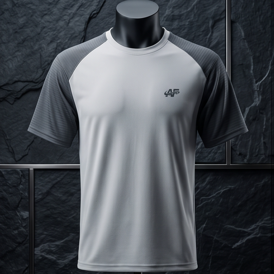 Gray and white t-shirt on a mannequin against a dark marble wall