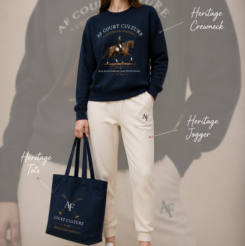 A woman models a navy blue sweatshirt and cream jogger pants set from AF Court Culture, holding a matching navy tote bag. The image features text overlays identifying the 'Heritage Crewneck', 'Heritage Jogger', and 'Heritage Tote' along with the brand logo.