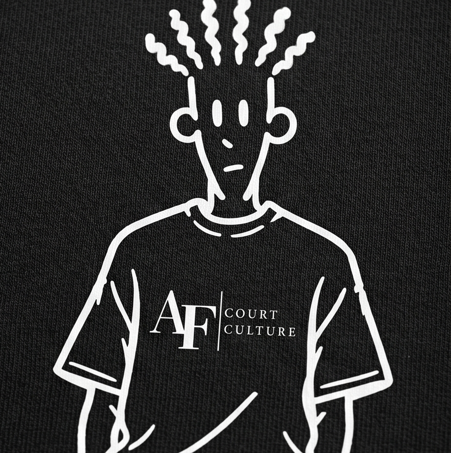Black t-shirt with white outline of a person and 'AF Court Culture' logo on a black background
