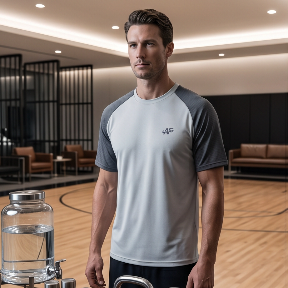 Man in a gym wearing a gray and white athletic shirt, standing next to kettlebells and a water bottle.