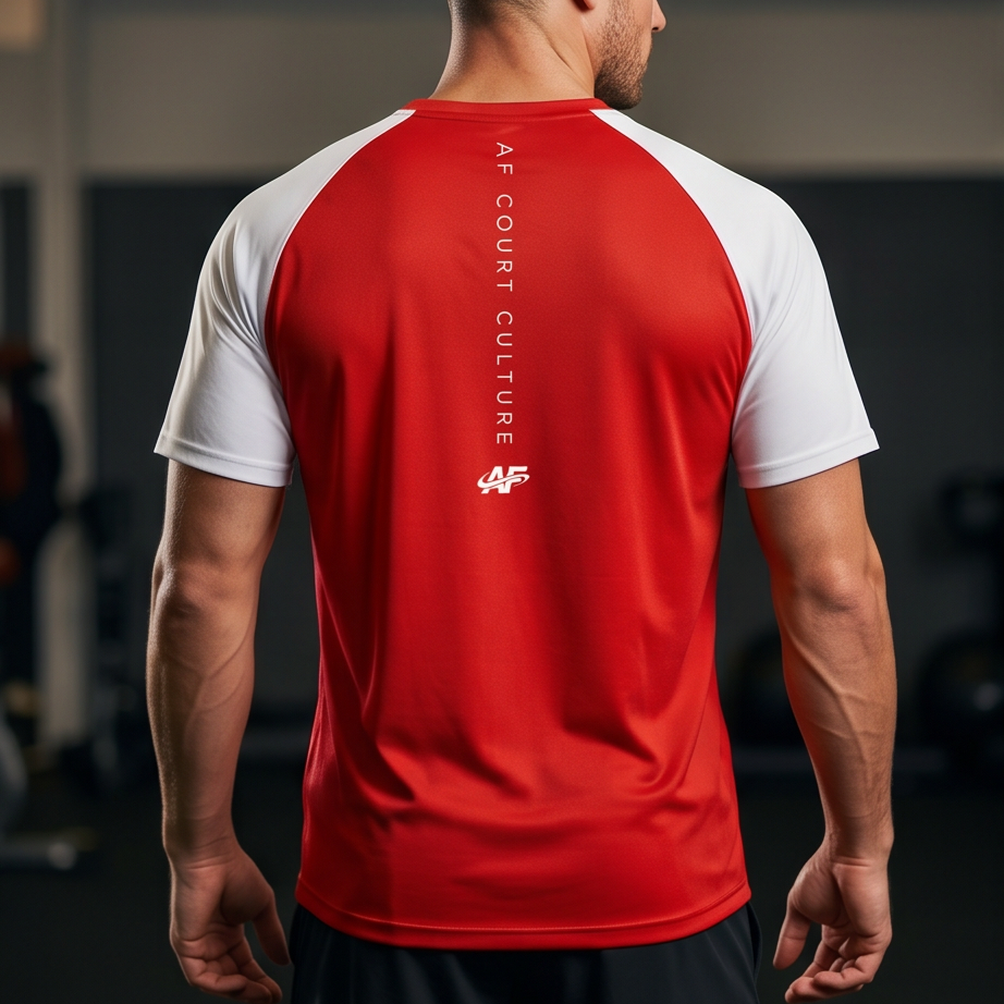 Man wearing a red and white sports shirt with 'AF Court Culture' branding.