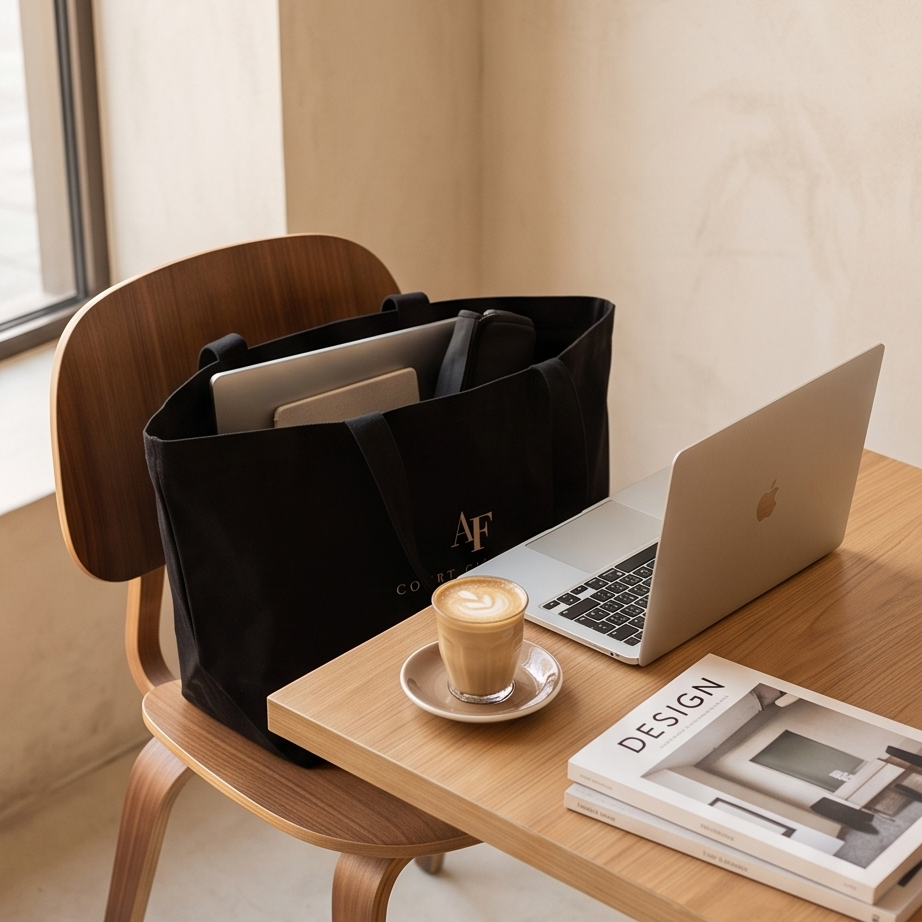 A black canvas tote bag with a gold monogram logo sits on a wooden chair next to a light wood desk. On the desk are a silver laptop, a cup of latte macchiato, and a stack of design magazines, set against a warm beige wall.