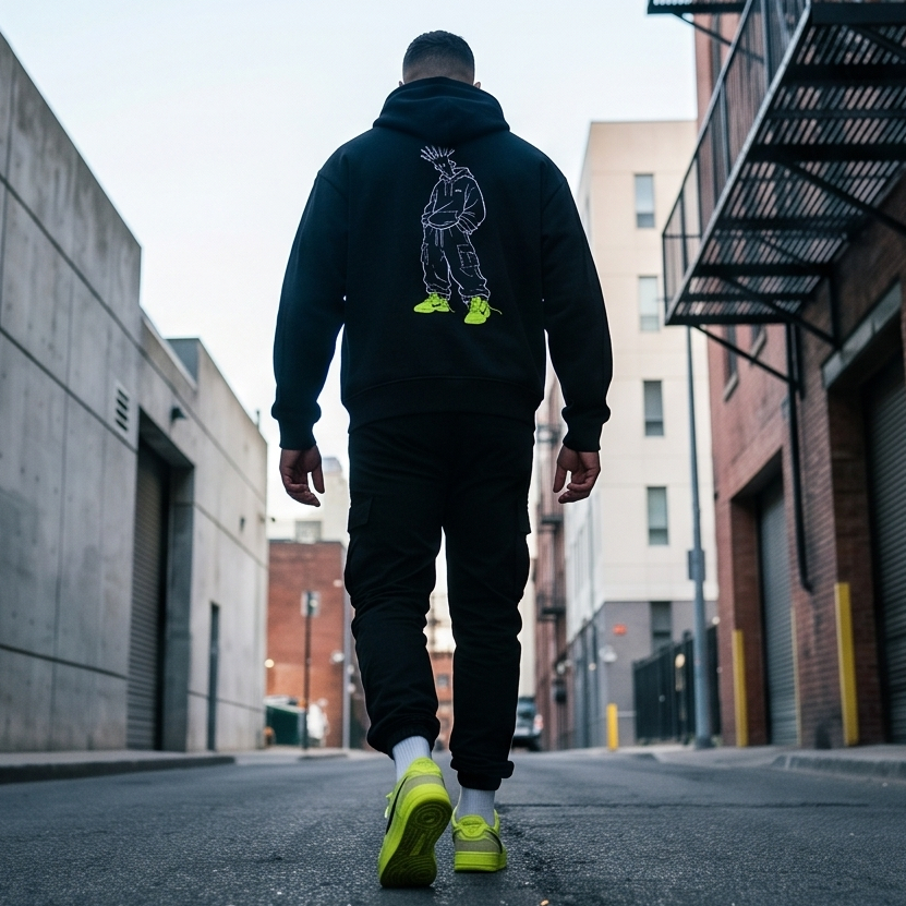 Person wearing a black hoodie with a graphic design, walking down an urban street.
