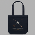 A dark navy tote bag with a custom printed design featuring crossed polo mallets, a monogram 'AF', and the text 'COURT CULTURE' and 'EQUESTRIAN HERITAGE' on a solid gray background.
