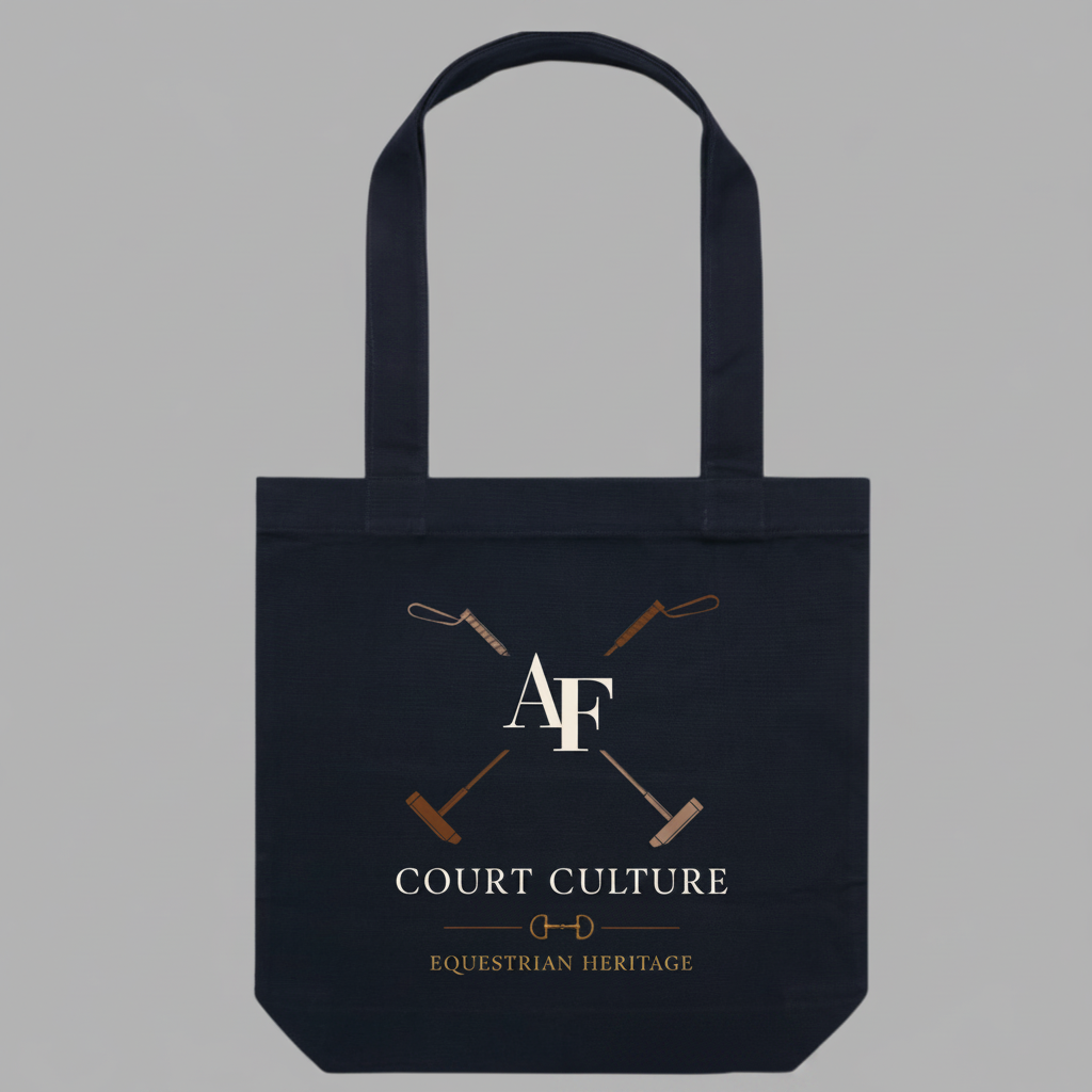 A dark navy tote bag with a custom printed design featuring crossed polo mallets, a monogram 'AF', and the text 'COURT CULTURE' and 'EQUESTRIAN HERITAGE' on a solid gray background.