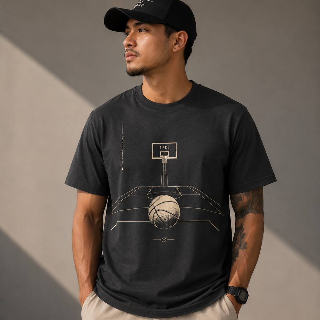 A man wearing a black crewneck t-shirt with a beige basketball court graphic, paired with beige shorts and a black baseball cap, standing against a gray wall with dramatic shadows.