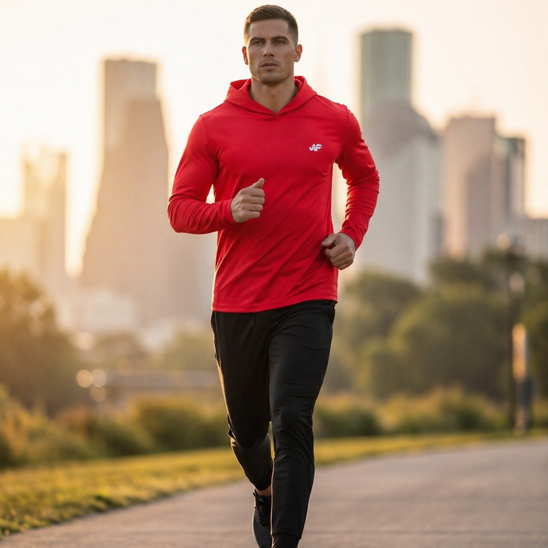 Man running on a path with a city skyline in the background