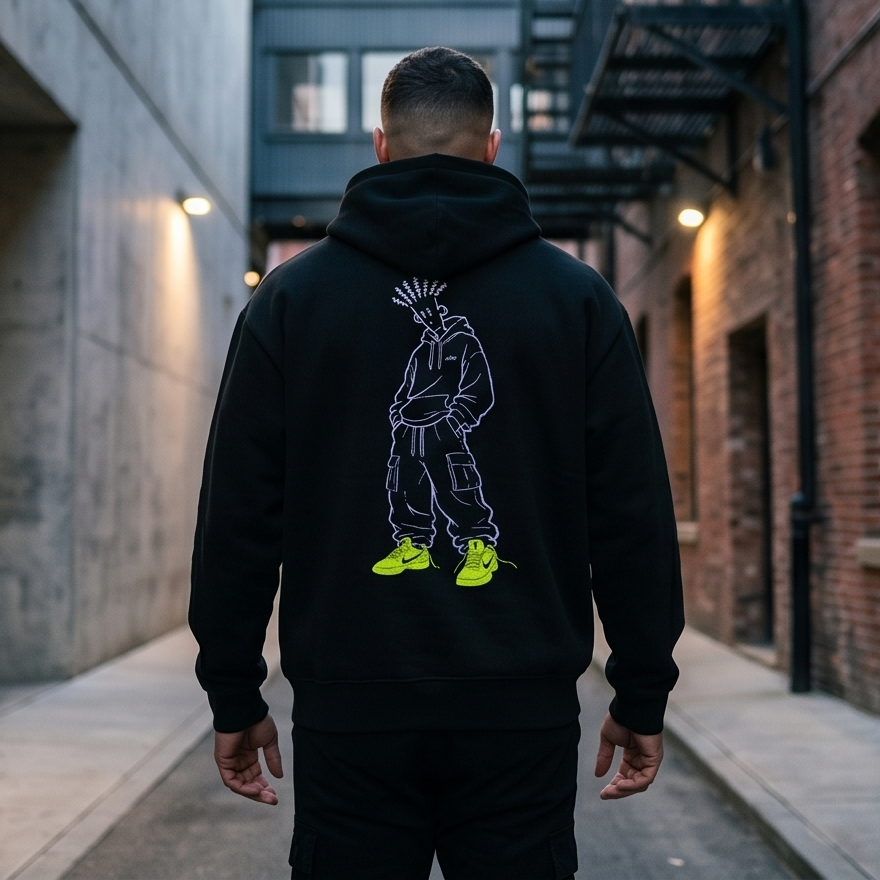 Person wearing a black hoodie with a graphic design in an urban alleyway.