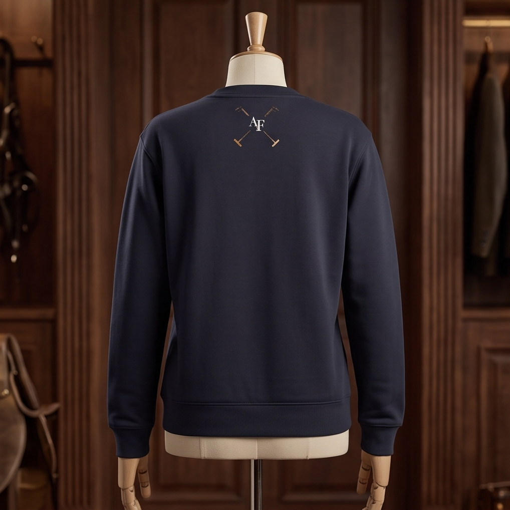 A navy blue crewneck sweatshirt displayed on a mannequin from the back, featuring a small crossed-tomahawk graphic with a white 'AF' monogram at the center back, set against a dark wood-paneled background.