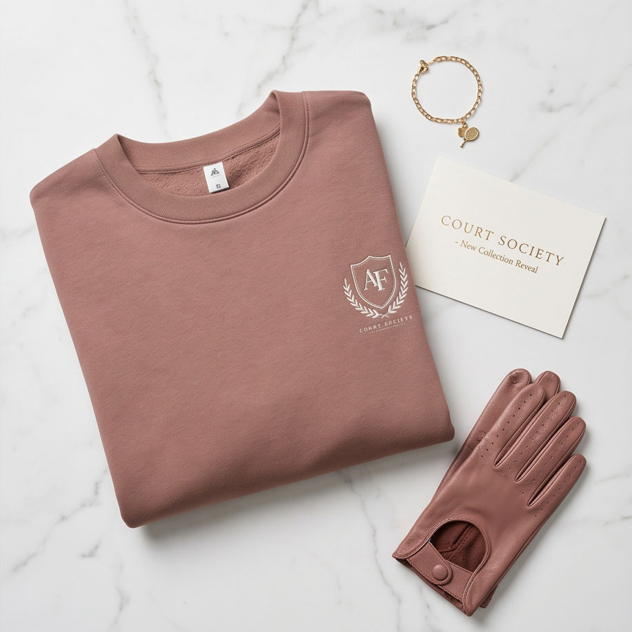 A folded dusty rose crewneck sweatshirt with a small crest logo on the left chest, styled on a white marble background with a matching leather glove, a gold chain bracelet, and a white card printed with 'COURT SOCIETY'.