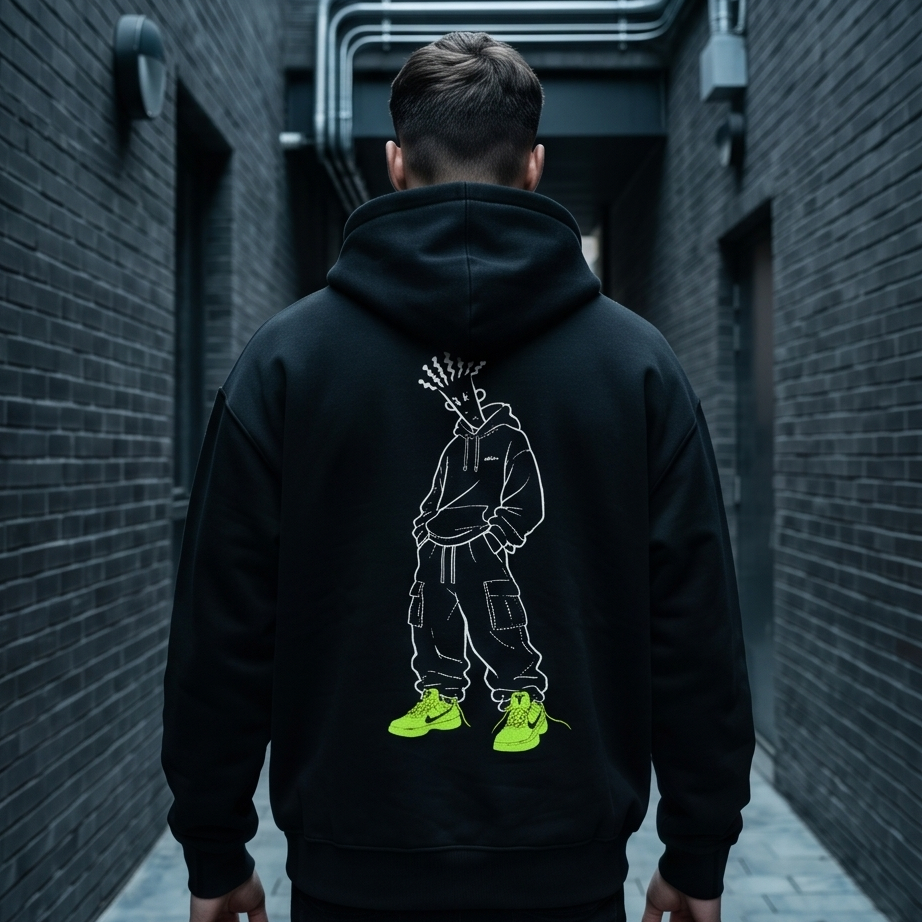 Person wearing a black hoodie with a graphic design on the back, walking down a narrow alley.