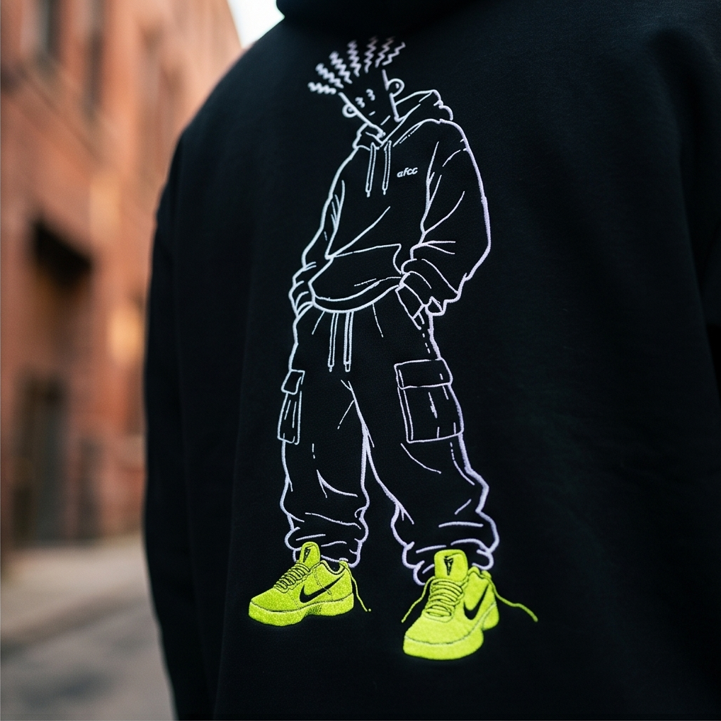 Black hoodie with white graphic of a person wearing a hoodie and neon green sneakers, blurred urban background