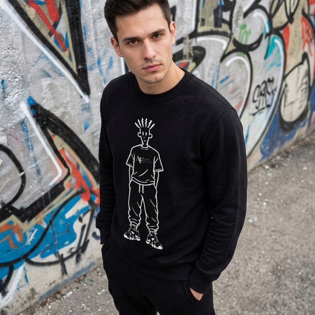 Man wearing a black sweatshirt with a graphic design in front of a graffiti-covered wall.