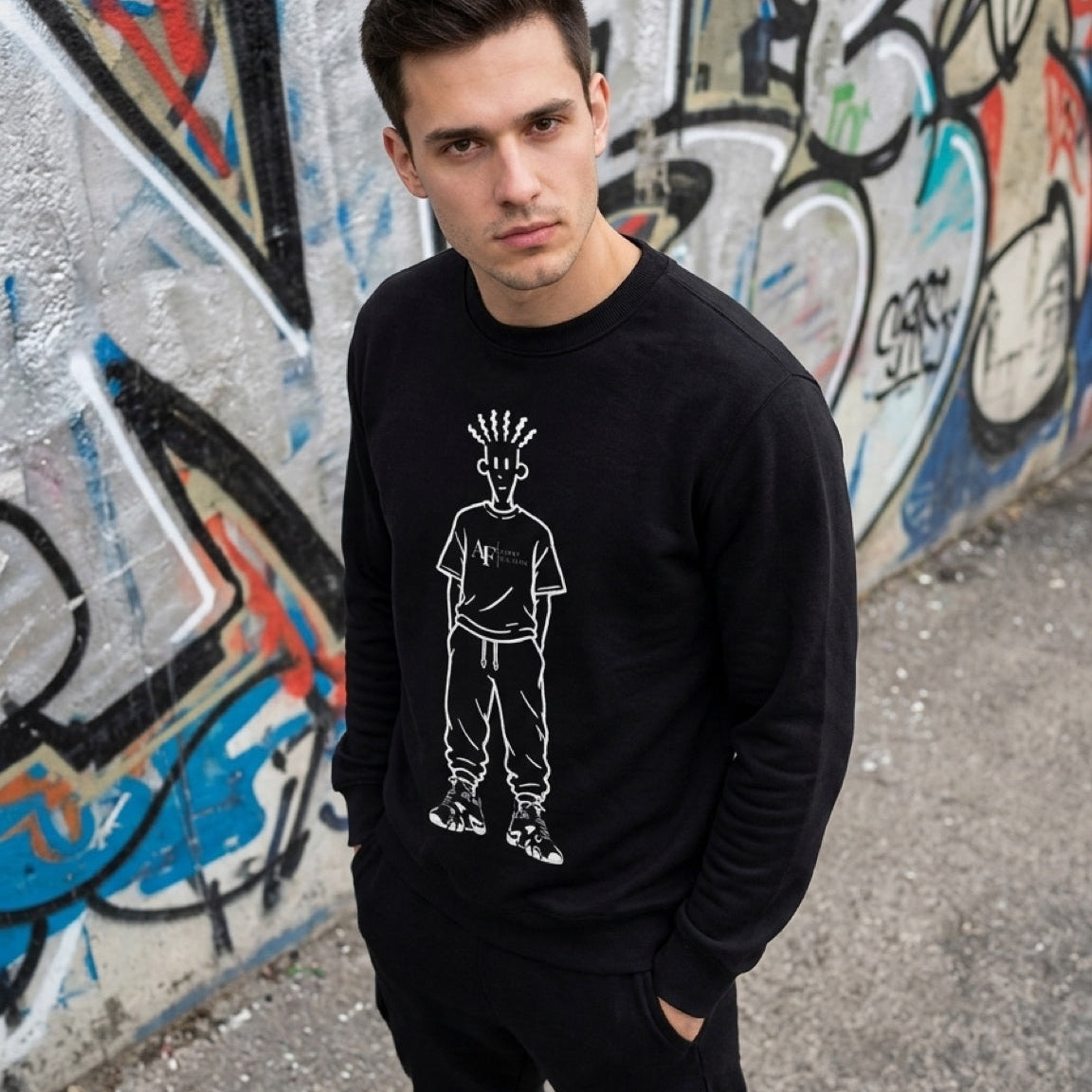 Man wearing a black sweatshirt with a graphic design in front of a graffiti-covered wall.