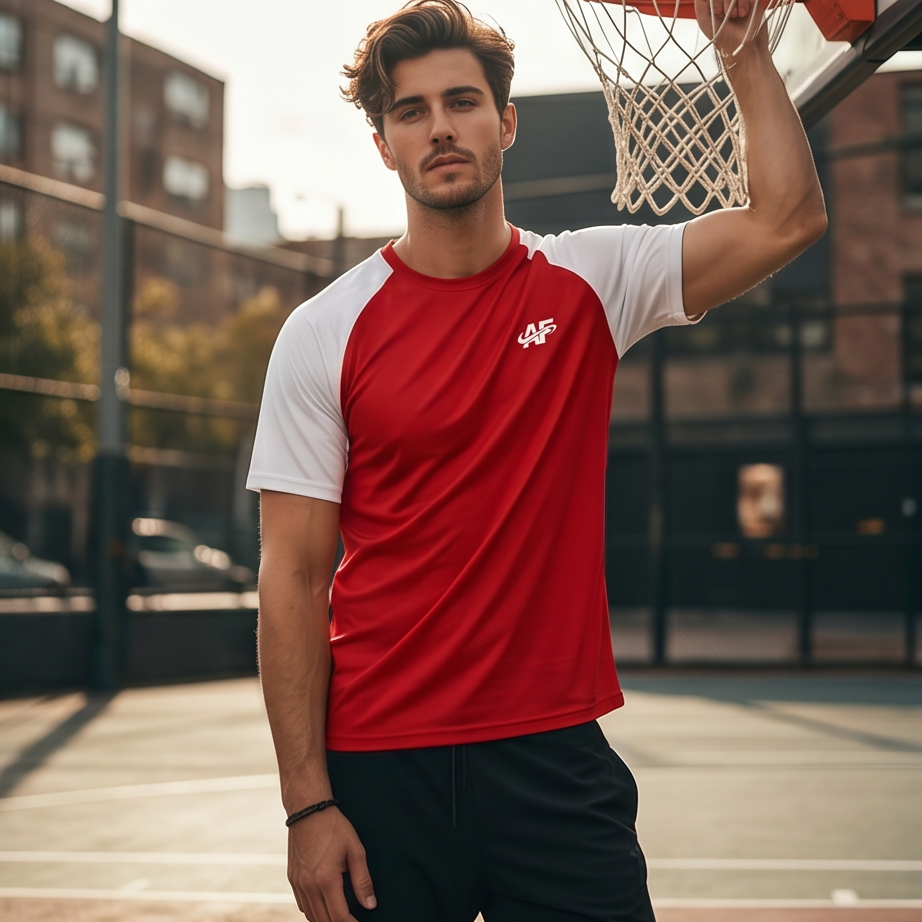 Man in red and white sports shirt holding a basketball hoop on an outdoor court.