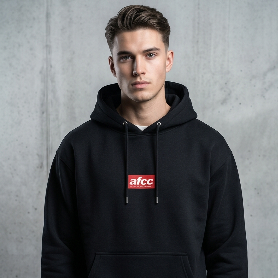 Man wearing a black hoodie with a red logo on a gray background