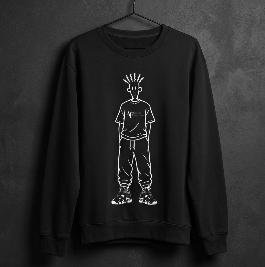 Black sweatshirt with white graphic design on a dark gray background