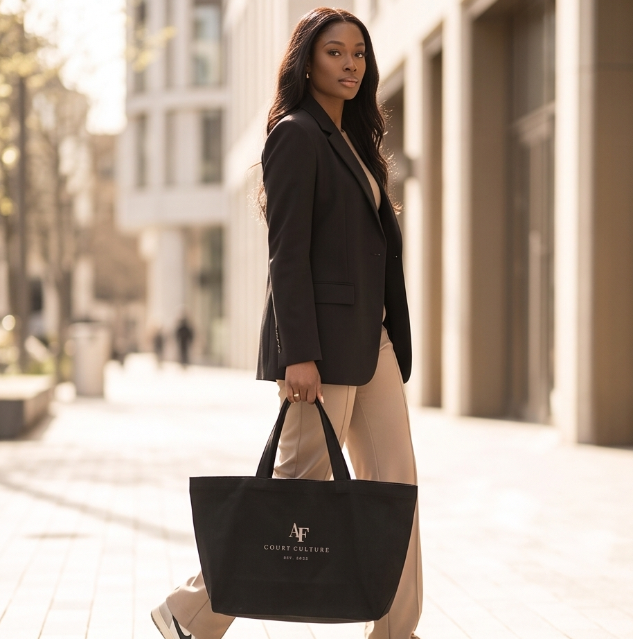 A woman walking outdoors on a city sidewalk carrying a large black tote bag with a white logo that reads 'AF COURT CULTURE'. She is wearing a dark blazer, beige pants, and white sneakers.