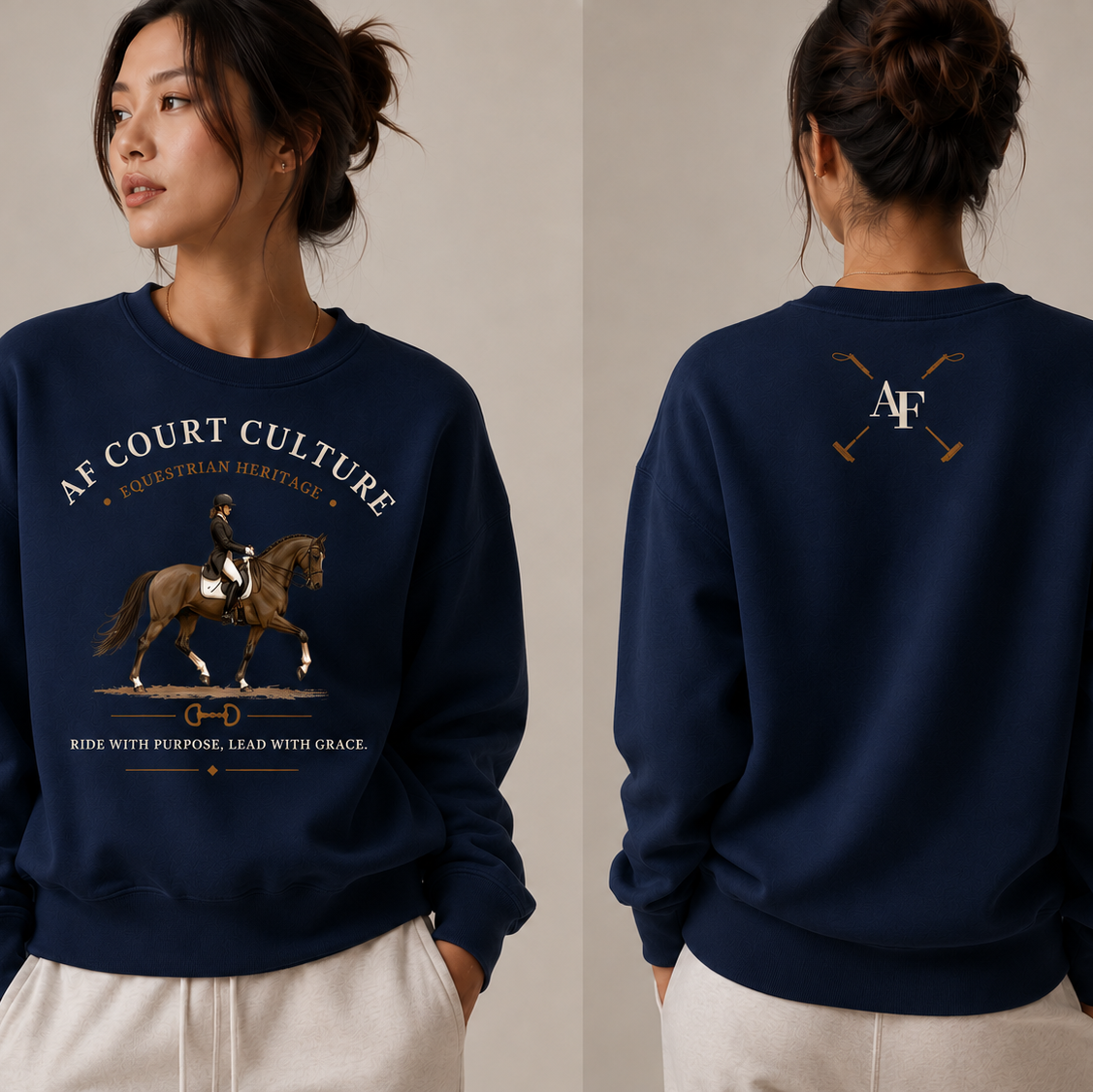 A woman modeling a navy crewneck sweatshirt shown from both front and back. The front features a graphic of a horse rider on a horse with the text 'AF COURT CULTURE' and 'GOLDENHAM HERITAGE'.