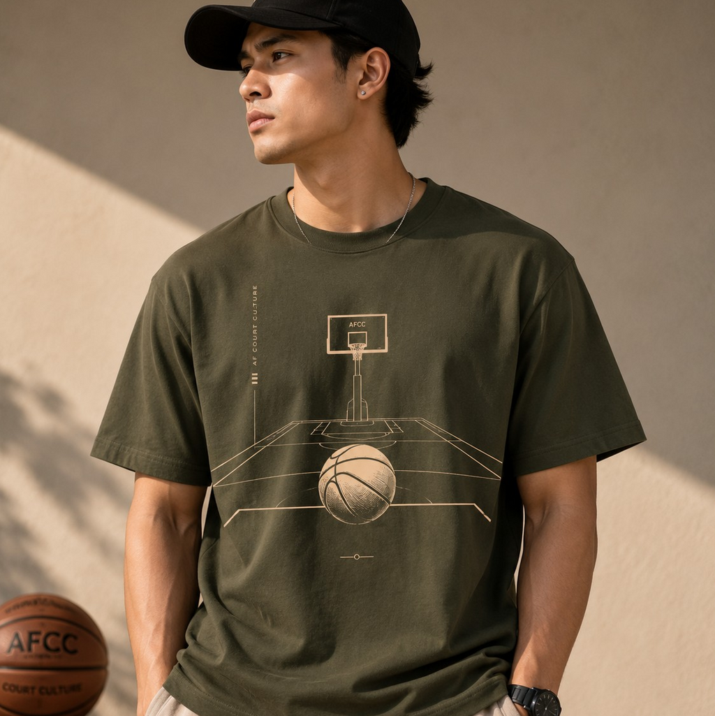 A man wearing an olive green t-shirt with a basketball court graphic, paired with beige sweatpants and a black cap, standing in a warm-lit indoor setting.