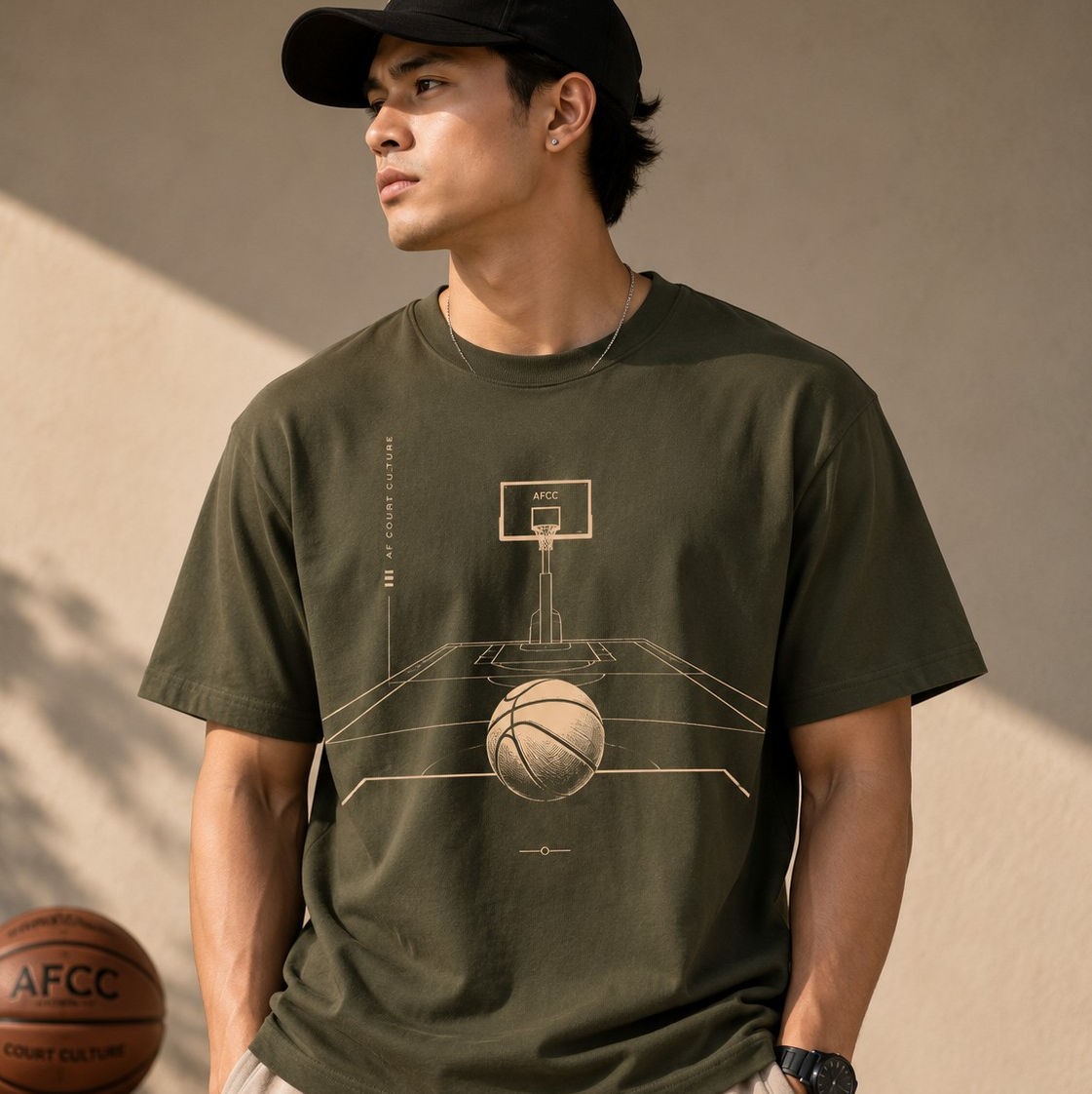 A man wearing an olive green t-shirt with a basketball court graphic, paired with beige sweatpants and a black cap, standing in a warm-lit indoor setting.