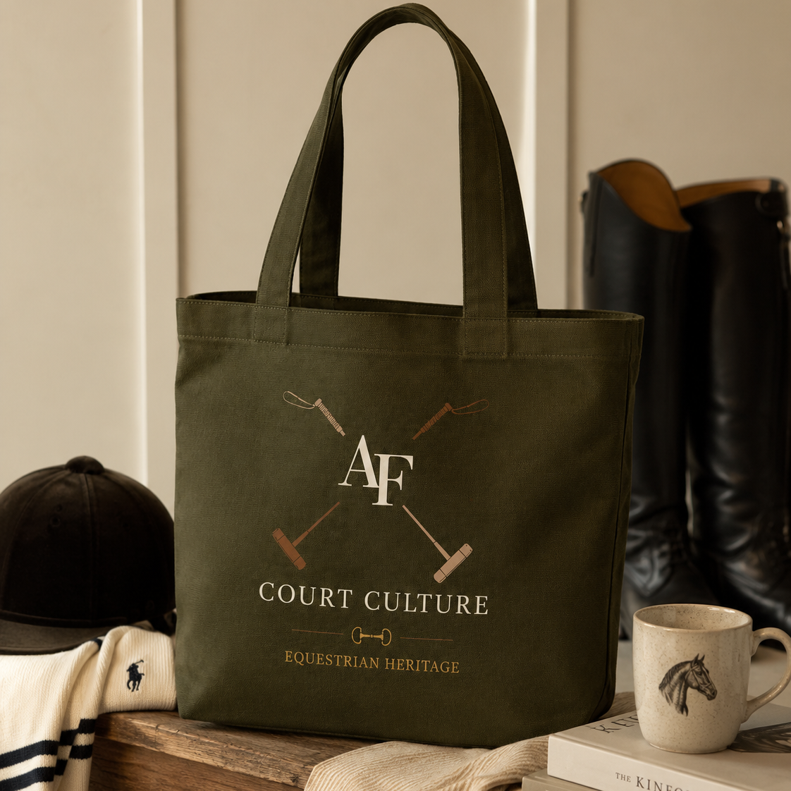 An olive green canvas tote bag with 'Court Culture' and equestrian-themed graphics, styled on a wooden bench with a hat, scarf, boots, and a mug in a warm indoor setting.