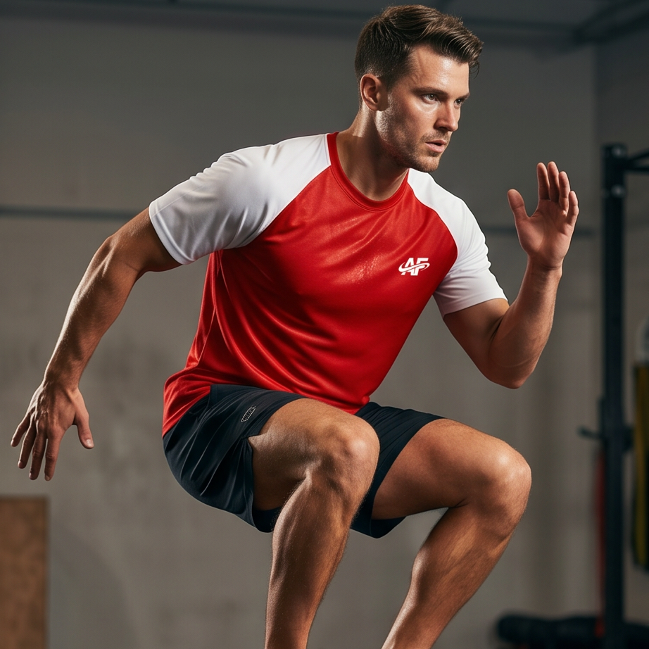 Man in red and white athletic shirt performing a squat on a wooden box in a gym setting.