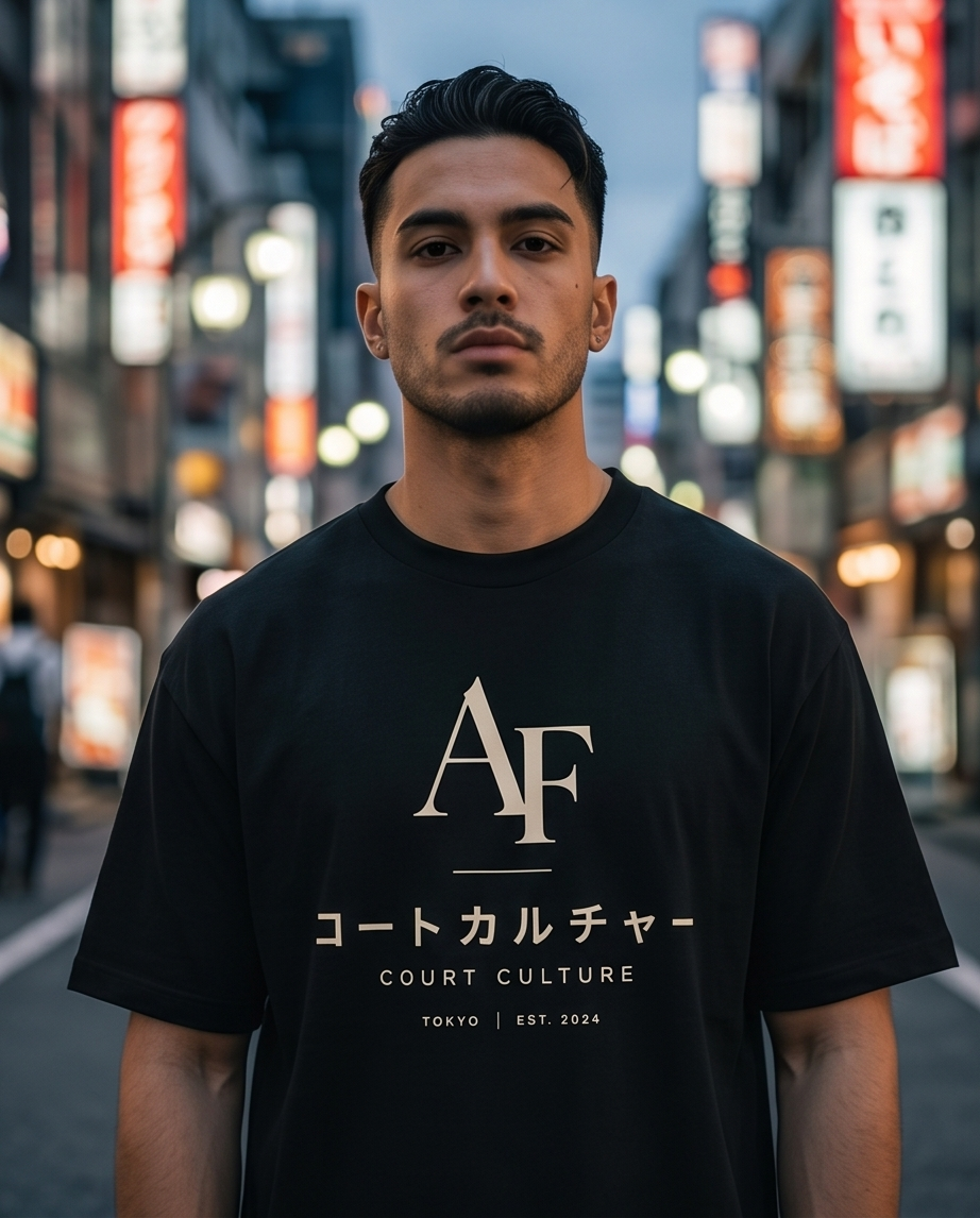 Man wearing a black t-shirt with 'AF' and 'Court Culture' text in an urban setting