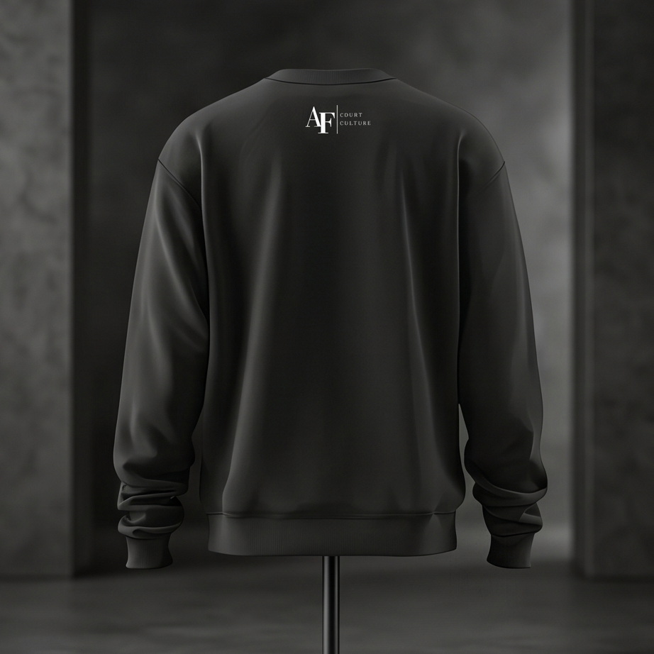 Black sweatshirt with a logo on the back displayed on a mannequin against a dark background