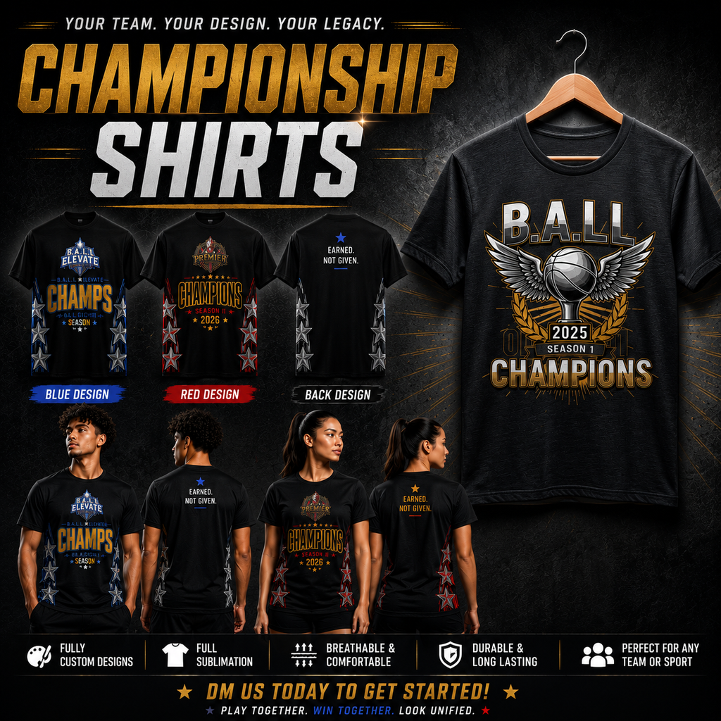 Collection of championship shirts with various designs on a dark background