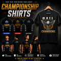 Collection of championship shirts with various designs on a dark background