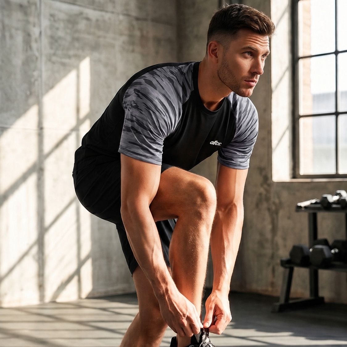 Man tying his shoe in a gym setting