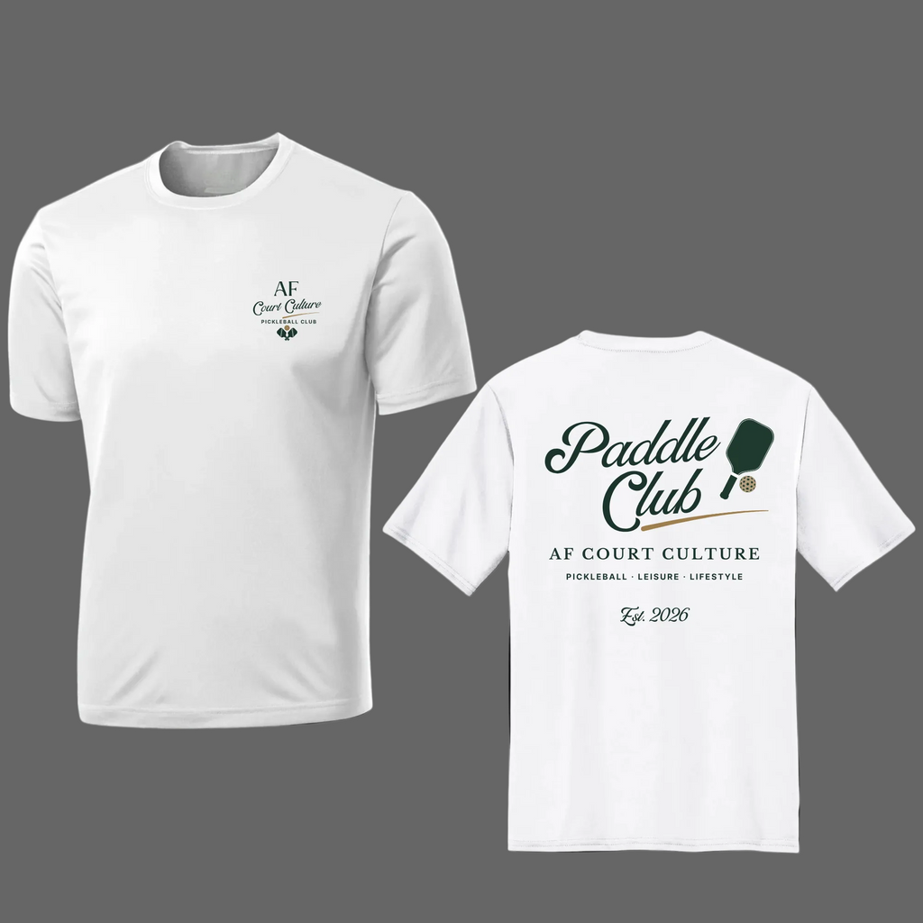 White t-shirt with 'Paddle Club' and 'AF Court Culture' text on a gray background