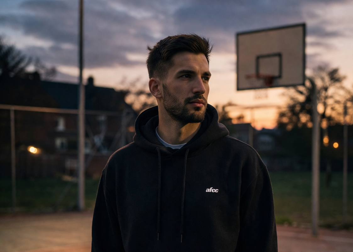 Man wearing a black hoodie with a logo on a basketball court at dusk