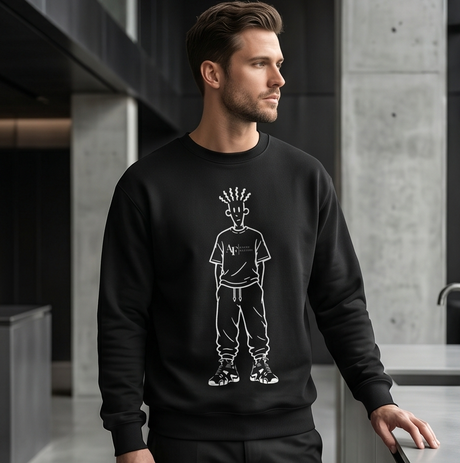 Man wearing a black sweatshirt with a white graphic design in an indoor setting
