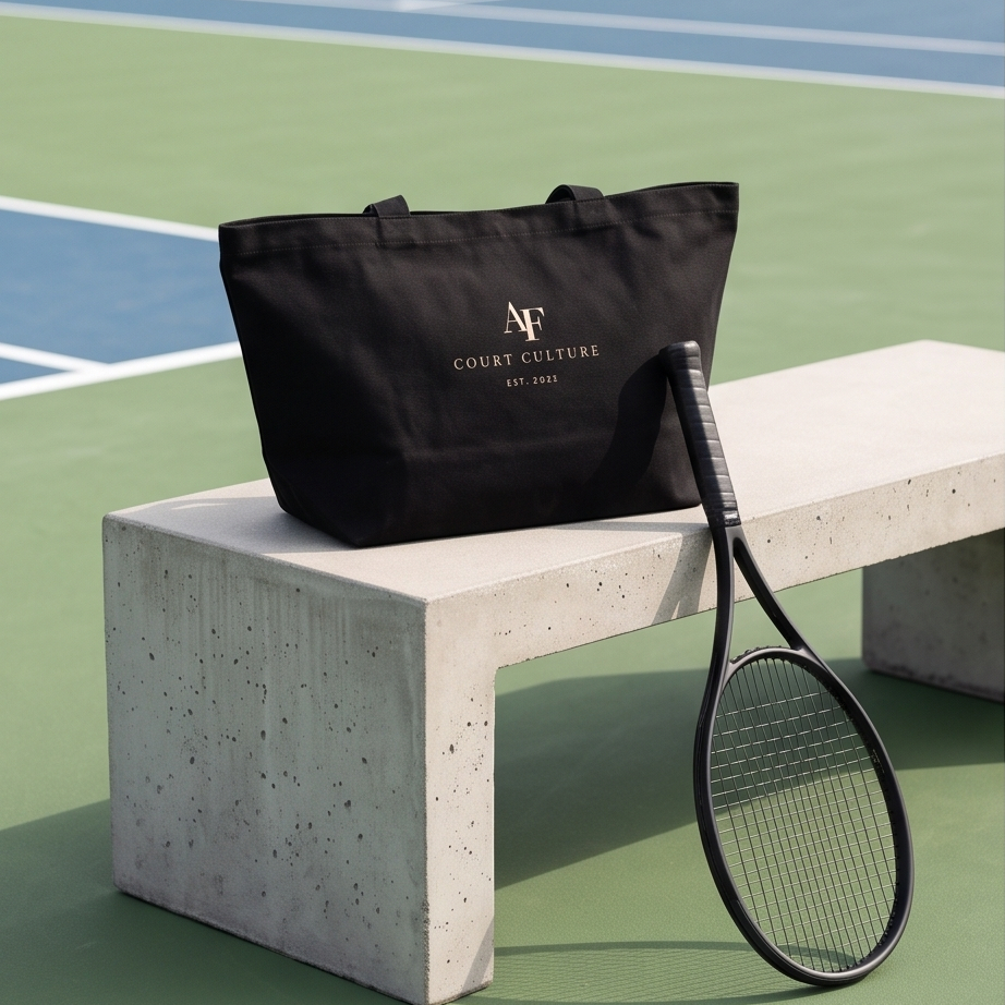 A black canvas tote bag with gold 'Court Culture' branding sits on a concrete bench at a tennis court, with a black tennis racket leaning against the bench.