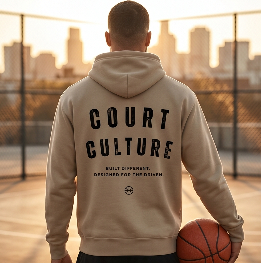 Person wearing a hoodie with 'Court Culture' text on a basketball court.