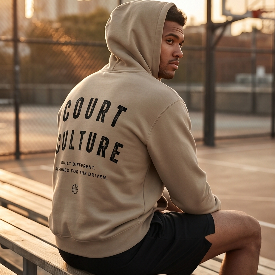 Person wearing a hoodie with 'Court Culture' text on a basketball court.