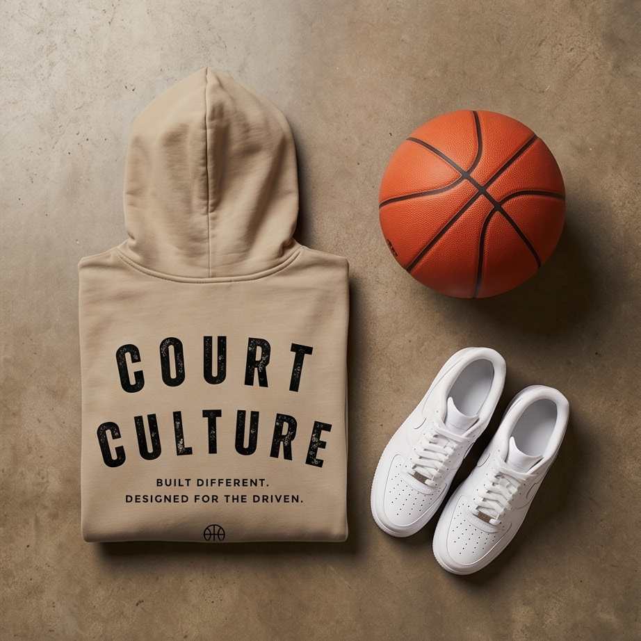 Beige hoodie with 'Court Culture' text, basketball, and white sneakers on a brown background