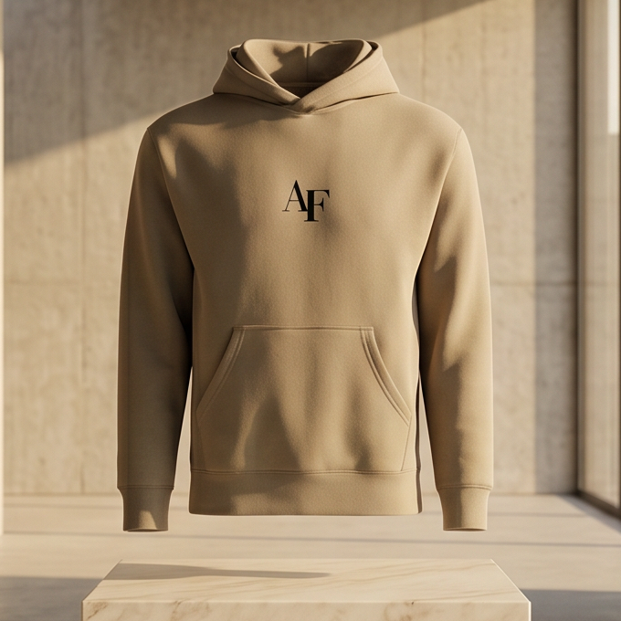 Beige hoodie with a logo on a marble pedestal in a modern architectural setting
